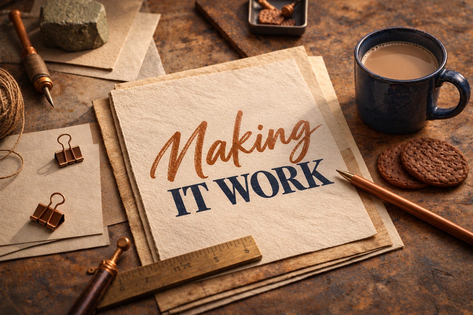 Making it work, written on paper on a wooden desk