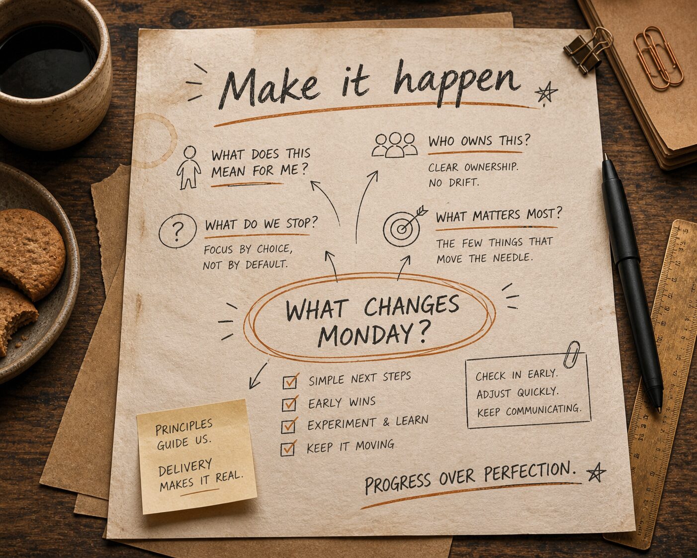 A hand-drawn page headed Make it happen, with What changes Monday? at its centre