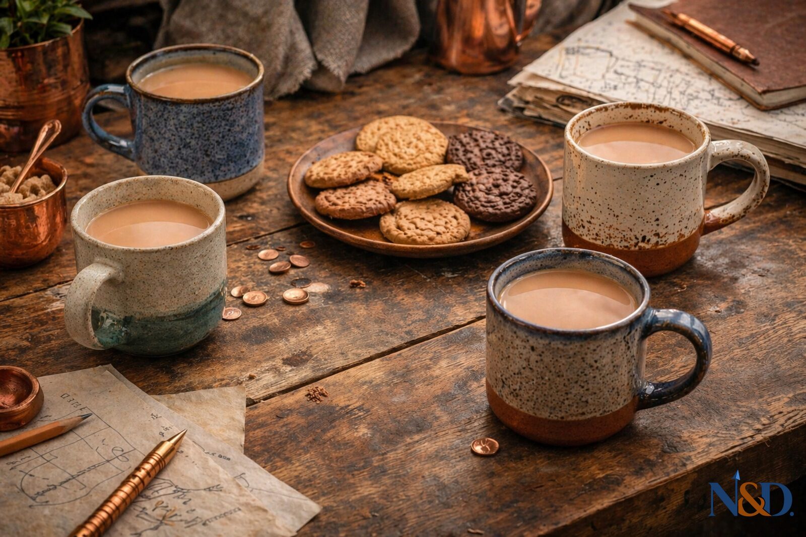 Mugs of tea and a plate of biscuits on a wooden table