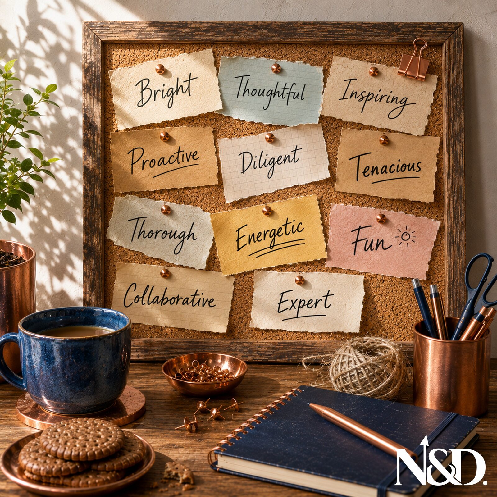 A pinboard of words clients used: bright, thoughtful, inspiring, proactive, diligent, tenacious, thorough, energetic, fun, collaborative, expert