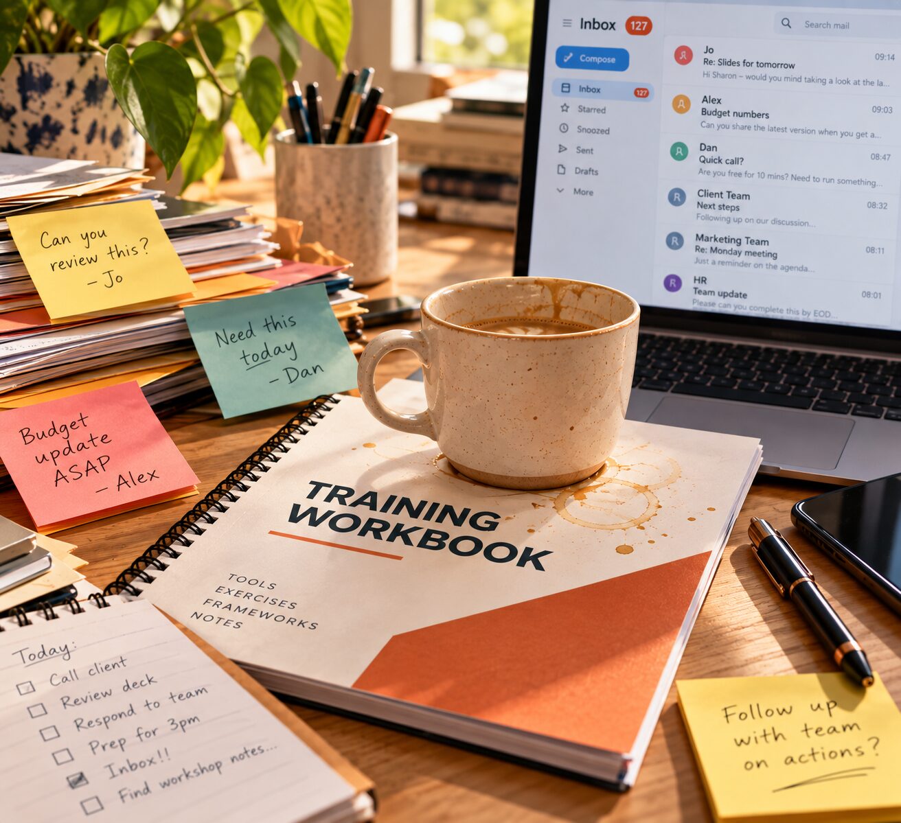 A training workbook on a busy desk